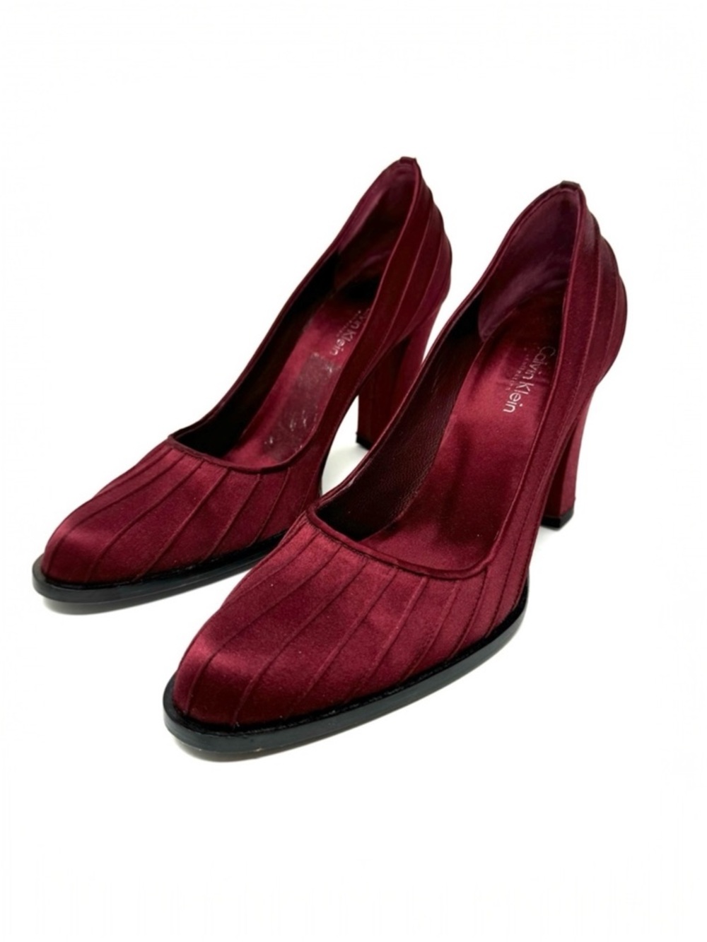 CALVIN KLEIN COLLECTION burgundy satin stacked heels, made in Italy, size 8.5